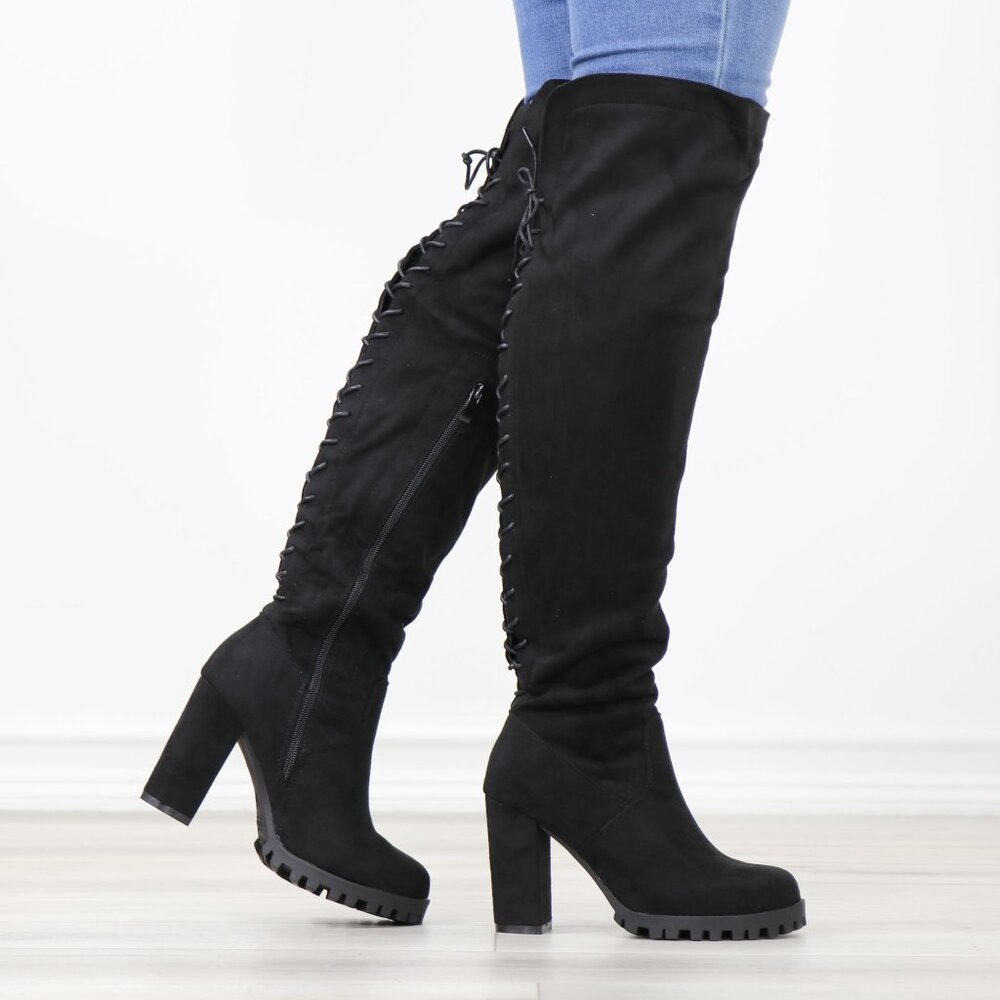 Full Lace-Up Back Black Faux Suede Thigh High Over The Knee Lug Block Heel Boots